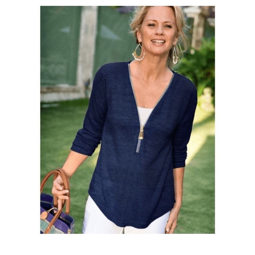 Soft Surroundings Quarter Zip Sweater S Navy Blue V-Neck Long Sleeve Knit Top
